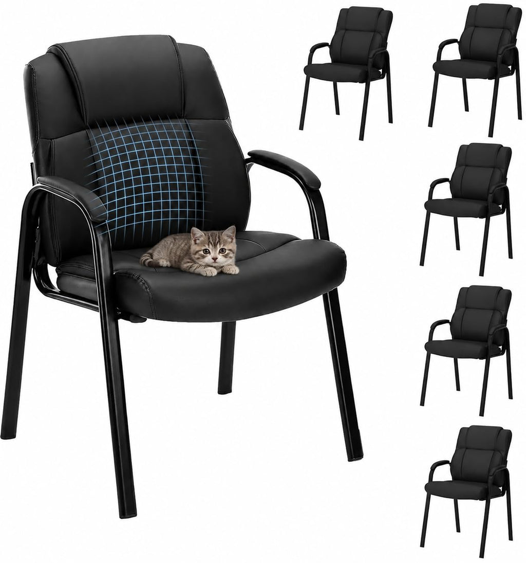 Kindbear Office Guest Chairs, Pu Leather Padded Arms, Set of 6, Black