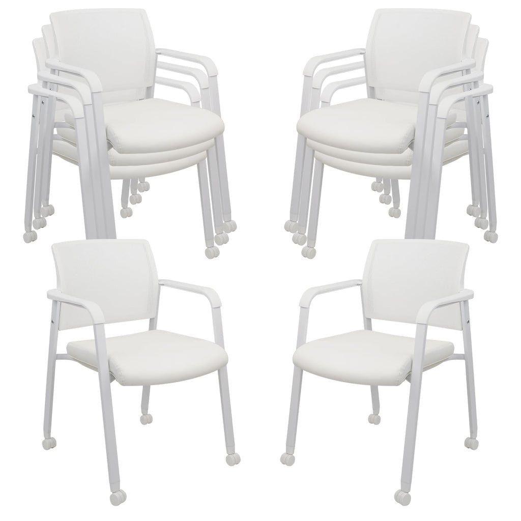 Clatina Stacking Office Chairs with Wheels | Mesh Back, Thicken Leather Seat and Streamline Armrests, Ergonomic Lumber Support | School, Desk,