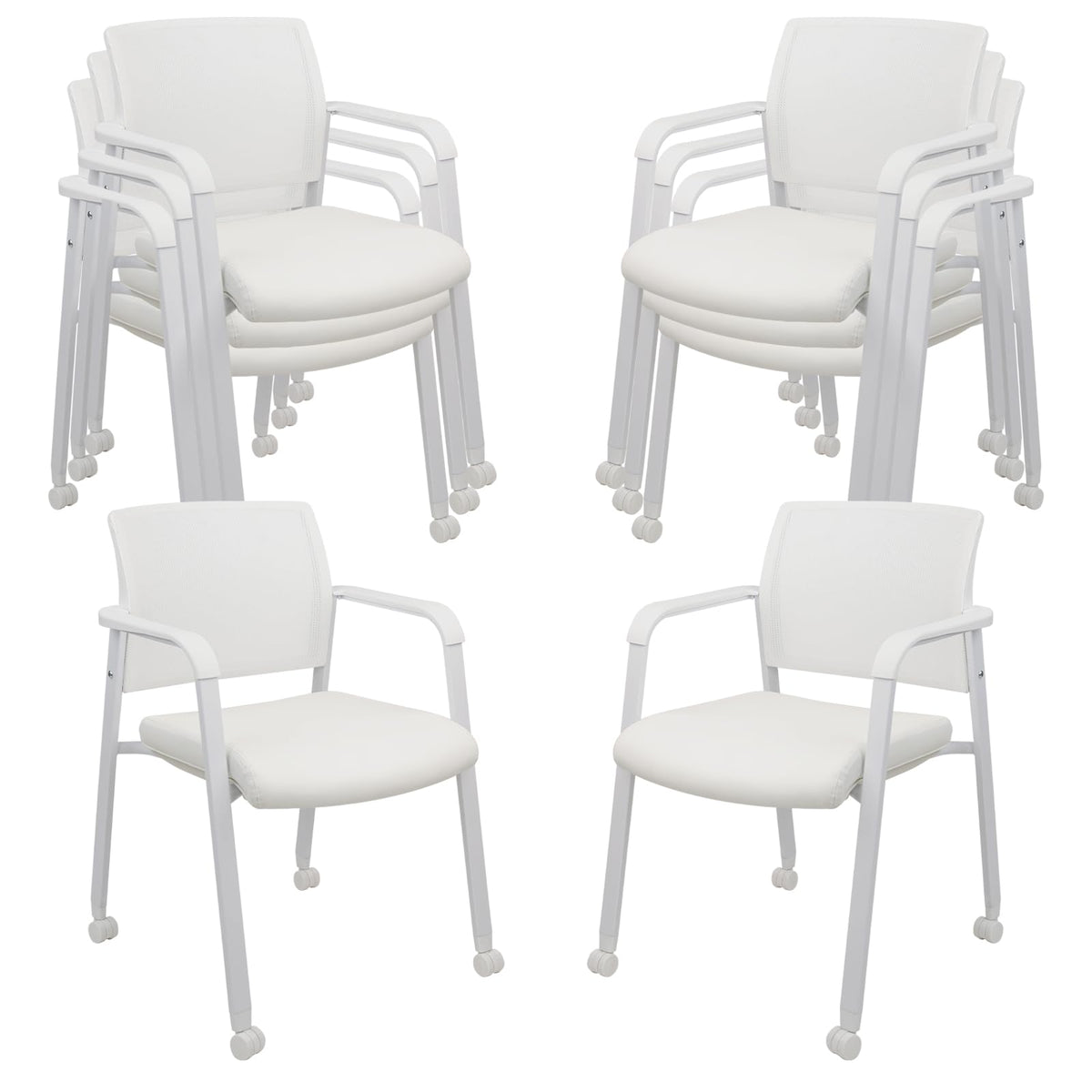 Clatina Stacking Office Chairs with Wheels | Mesh Back, Thicken Leather Seat and Streamline Armrests, Ergonomic Lumber Support | School, Desk,