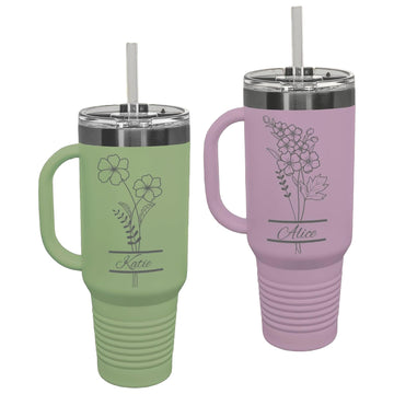 Perzonalized 40 oz Tumbler with Handle, Birth Flower Engraving – Fits Most Cup Holders, Dishwasher Safe, BPA-Free Lid & Straw – Powder-Coated Stainless Steel – Personalized Gift for Her