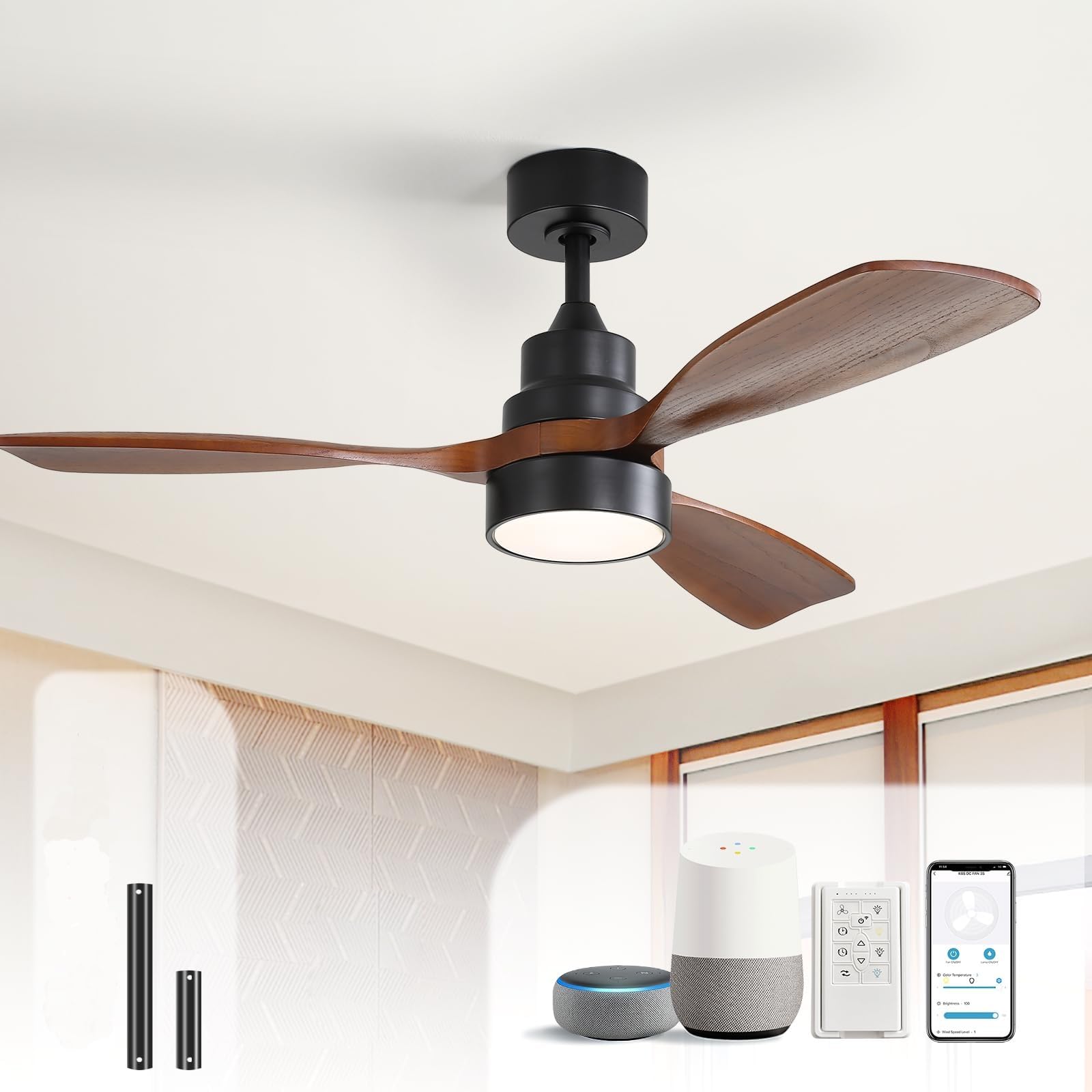 Sofucor 48 Inch Smart Ceiling Fan with Light, Solid Wood Low Profile Ceiling Fans with Lights and Remote, Work with Alexa/Google/App, Quiet DC Motor, 3 Blade Ceiling Fan for Bedroom Living Room Patio