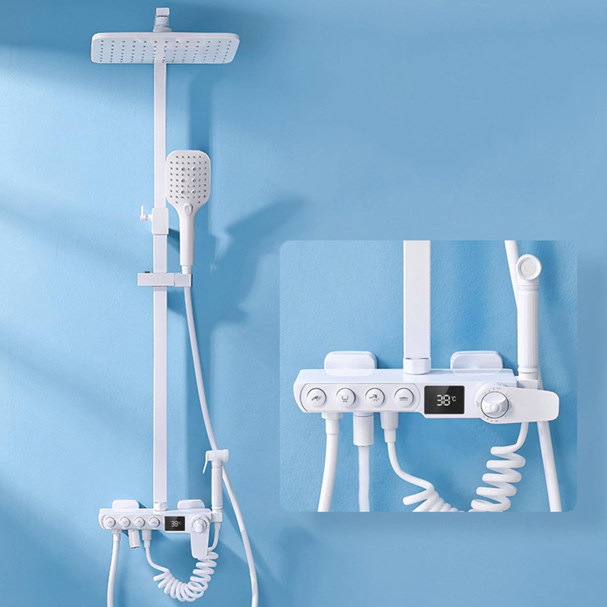 White Shower Faucet Set Thermostatic Digital Display Shower System with Swivel Tub Spout, 4 Function Bathroom Shower Fixture with Rain Shower Head, 3-Mode Hand Shower And Bidet Sprayer