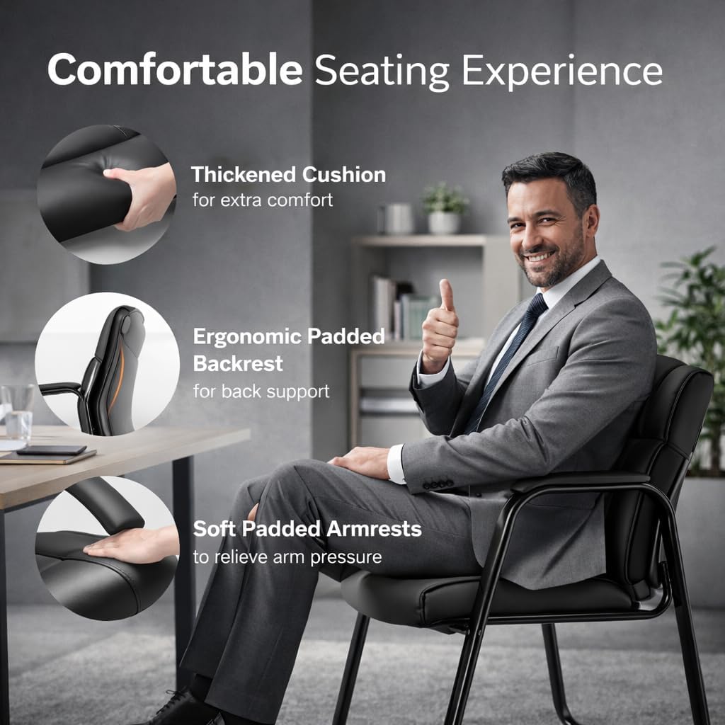 Kindbear Office Guest Chairs, Pu Leather Padded Arms, Set of 6, Black