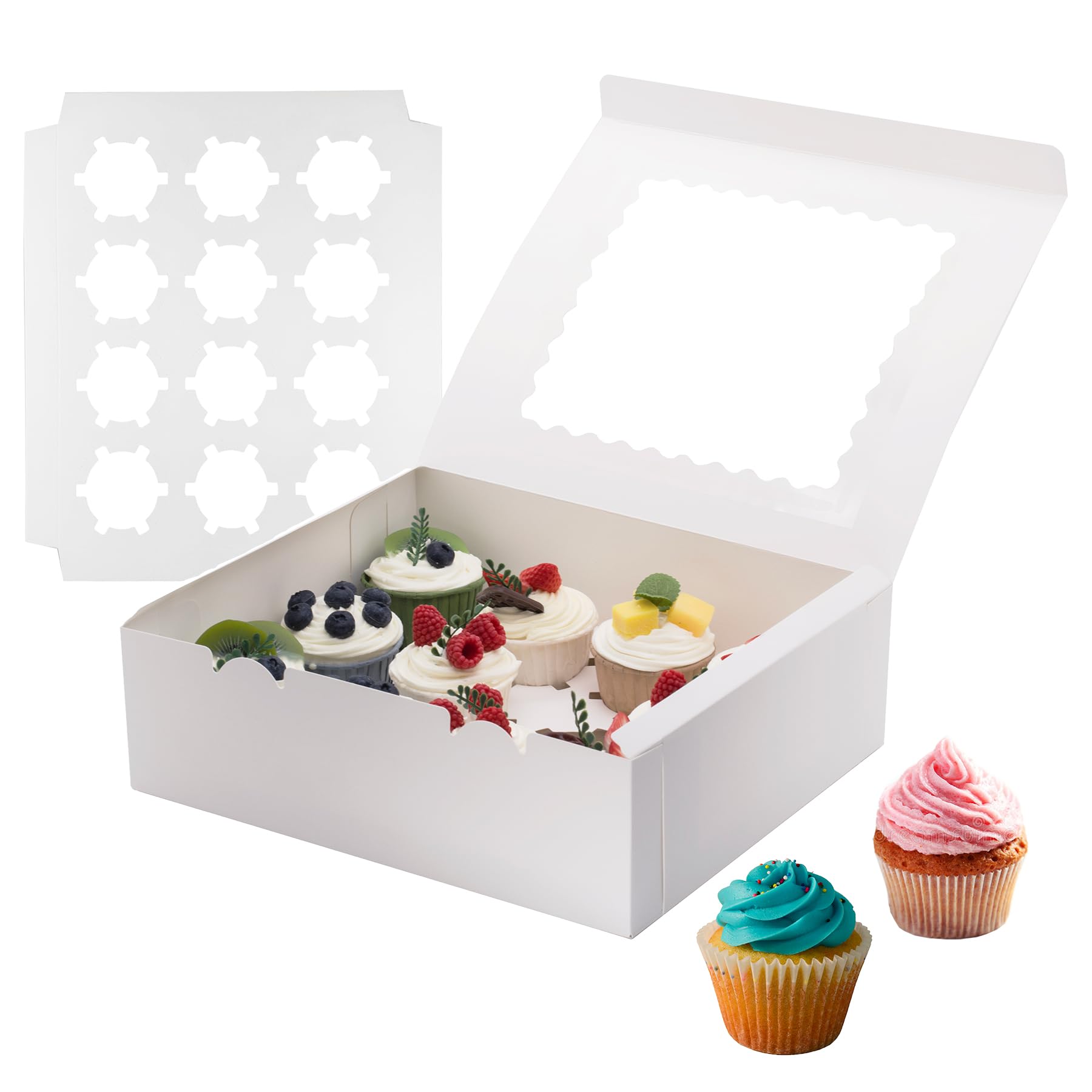 4 Pack Cupcake Boxes, Hold 12 Count Cupcake Containers with Window, High Grade Cupcake Holder, Easy Transport and Presentation, for Birthday Holiday Party, Desserts and More (White - 4 Pack)