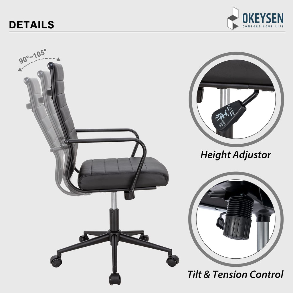 Okeysen Black Office Chair, Ergonomic Leather Modern Office Chair, Executive Ribbed Height Adjustable Swivel Rolling Chair for Home Office.