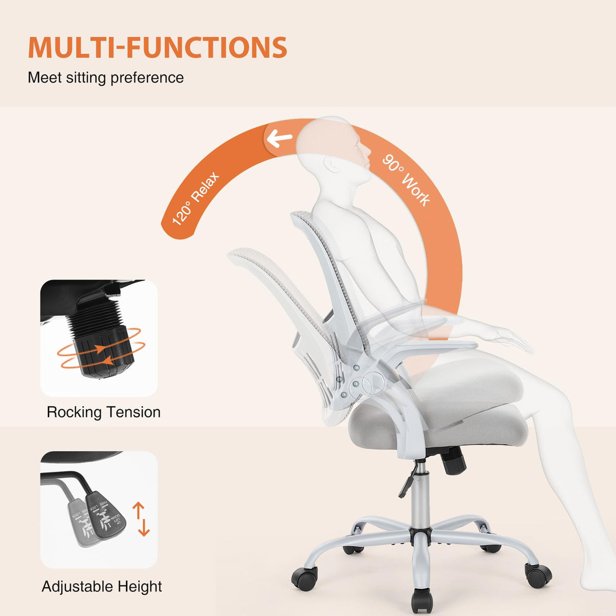 Sweetcrispy Home Office Chair, Mesh Office Chair, Lumbar Support, Grey, 18.5"D&Flip-up Arms-Plus
