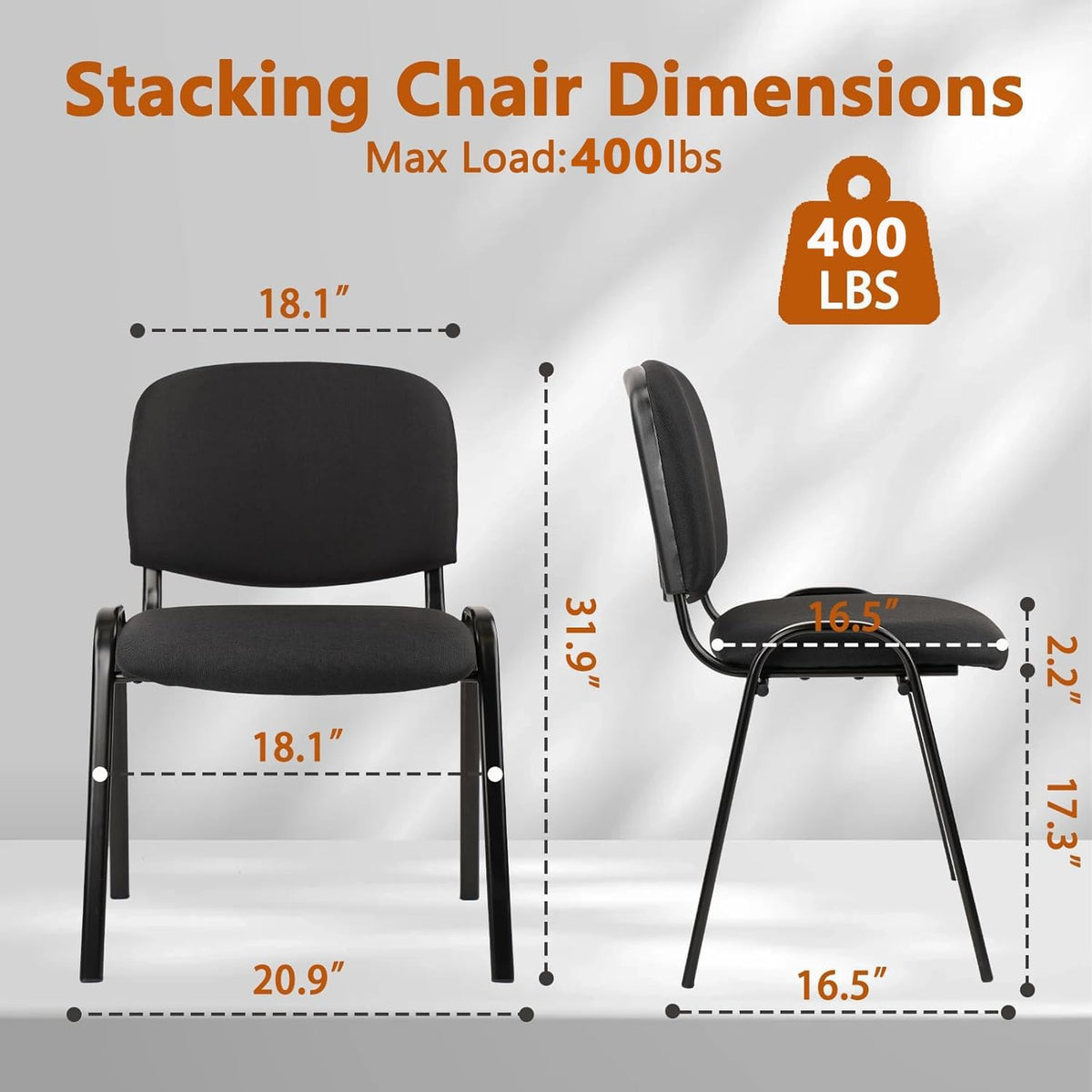 Clatina Stackable Waiting Room Chairs, Cloth Fabric Guest Reception Chair with Upholstered Thickene Seat and Back Support, Stacking Chair Metal