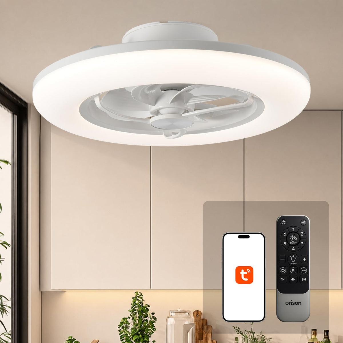 Orison Ceiling Fans with Lights- Low Profile Ceiling Fan with Light 22.4“ LED Dimmable Ceiling Fans with Remote Control,Smart 3 Light Color and 6 speeds 7 Blades