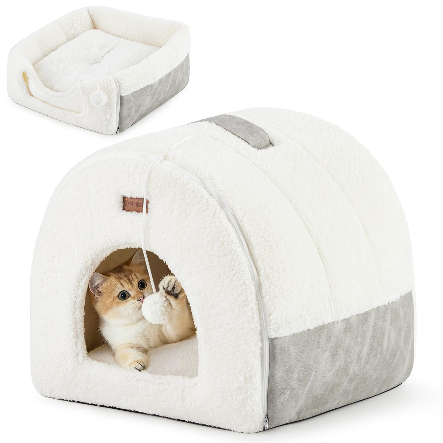 ZOMISIA Cat Bed Cave for Indoor Cats, 2-in-1 Cat Cave for Kittens and Small Pets with Removable Washable Cushioned Pillow, Enclosed Cat Bed Cozy Cat House Hideout with Non-Slip Bottom, 15 Inches