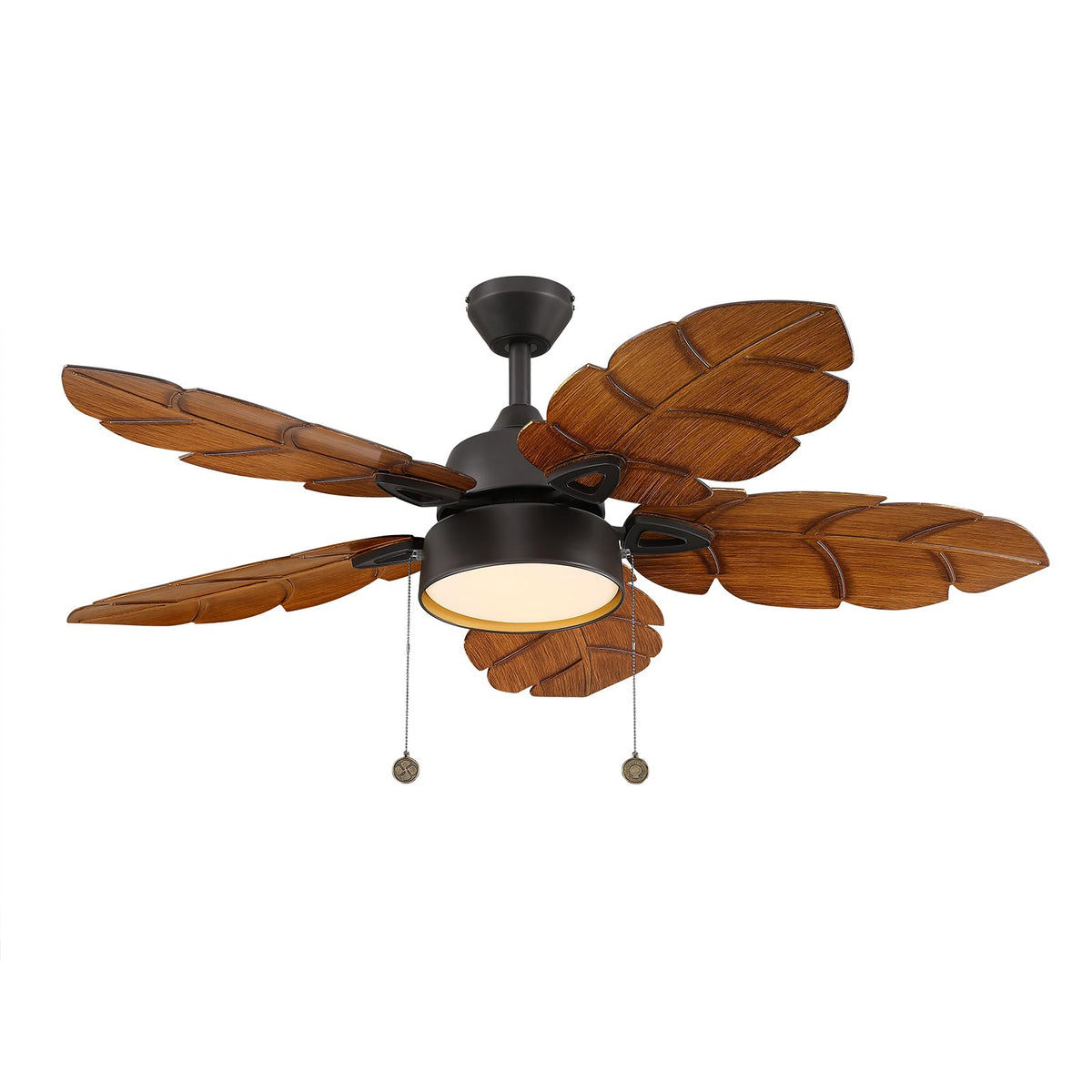 52 Inch Tropical Ceiling Fan with Light, Pull Chain, Palm Leaf Indoor Outdoor Ceiling Fan with Light for Patio, Living Room, Reversible Fan, Black Bronze