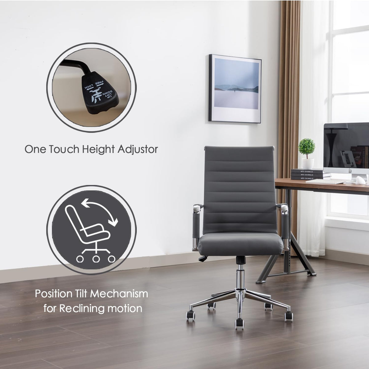 Office Desk Chair Leather, Conference Room Chairs with Wheels, Executive Modern High Back Ergonomic Swivel Rolling Ribbed Computer Chair