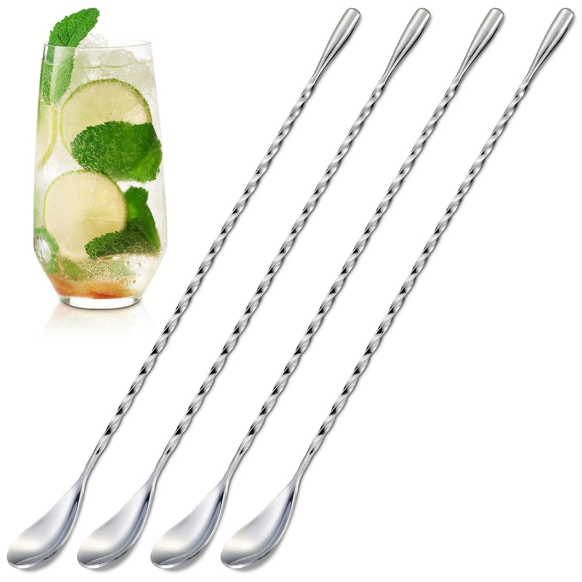 4 Pcs Bar Spoon Cocktail Mixing Spoon – 12'' Stainless Steel Cocktail Stirrers for Drinks, Polished Surface, Easy to Clean – Useful Bar Spoons for Professional and Home Use
