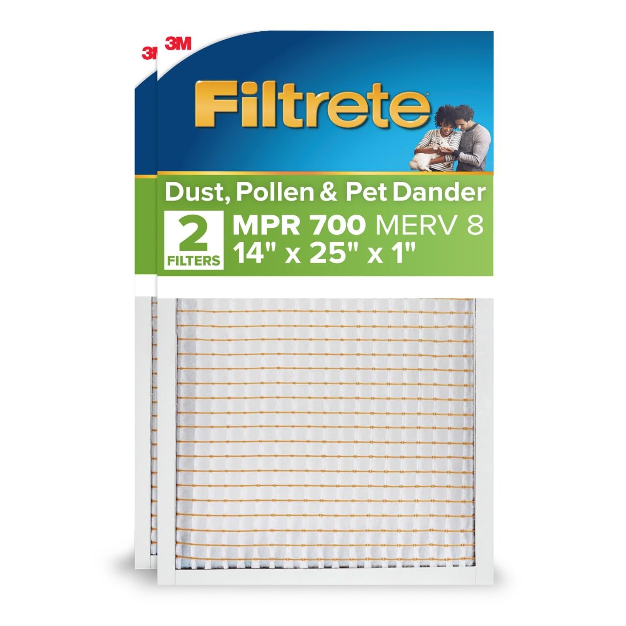 Filtrete 14x25x1 AC Furnace Air Filter, MPR 700, MERV 8, Tough on Pollen, Easy on Airflow, 3-Month Pleated 1-Inch Electrostatic Air Cleaning Filter, 2-Pack (Actual Size 13.81 x 24.81 x 0.81 in)