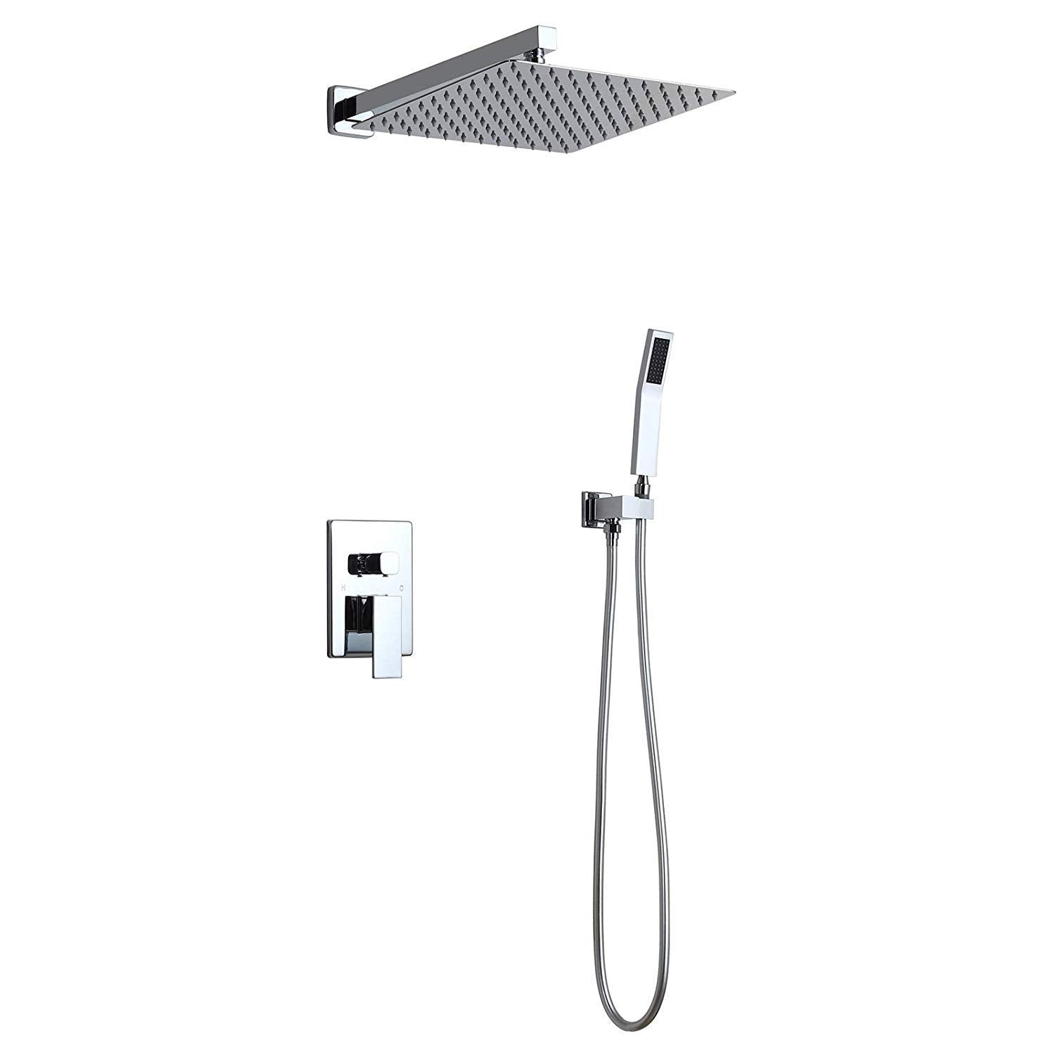 Shower System,2-Function Square Shower Faucet Wall Mounted Shower Combo Set for Bathroom with 12" Rain Shower Head, Pressure Balance Valve, Solid Brass in Polished Chrome Show