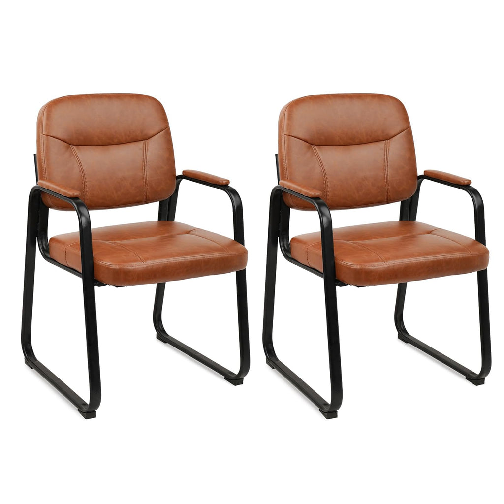 Clatina Leather Office Guest Waiting Room Chair with Sled Base, Reception Chair No Wheels with Armrests and Lumber Support, Stationary Desk