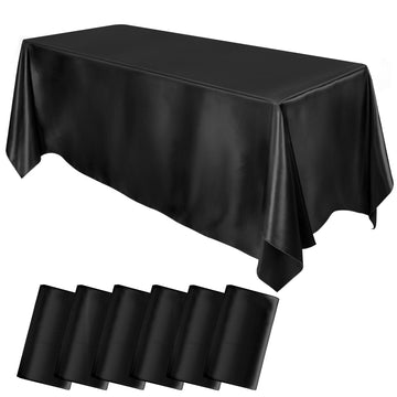 MCEAST 6 Packs Satin Tablecloth 102 x 58 Inches Rectangular Table Overlay Cover Bright Silk Tablecloth Smooth Fabric Table Decor for Wedding Banquet Decoration (Black)