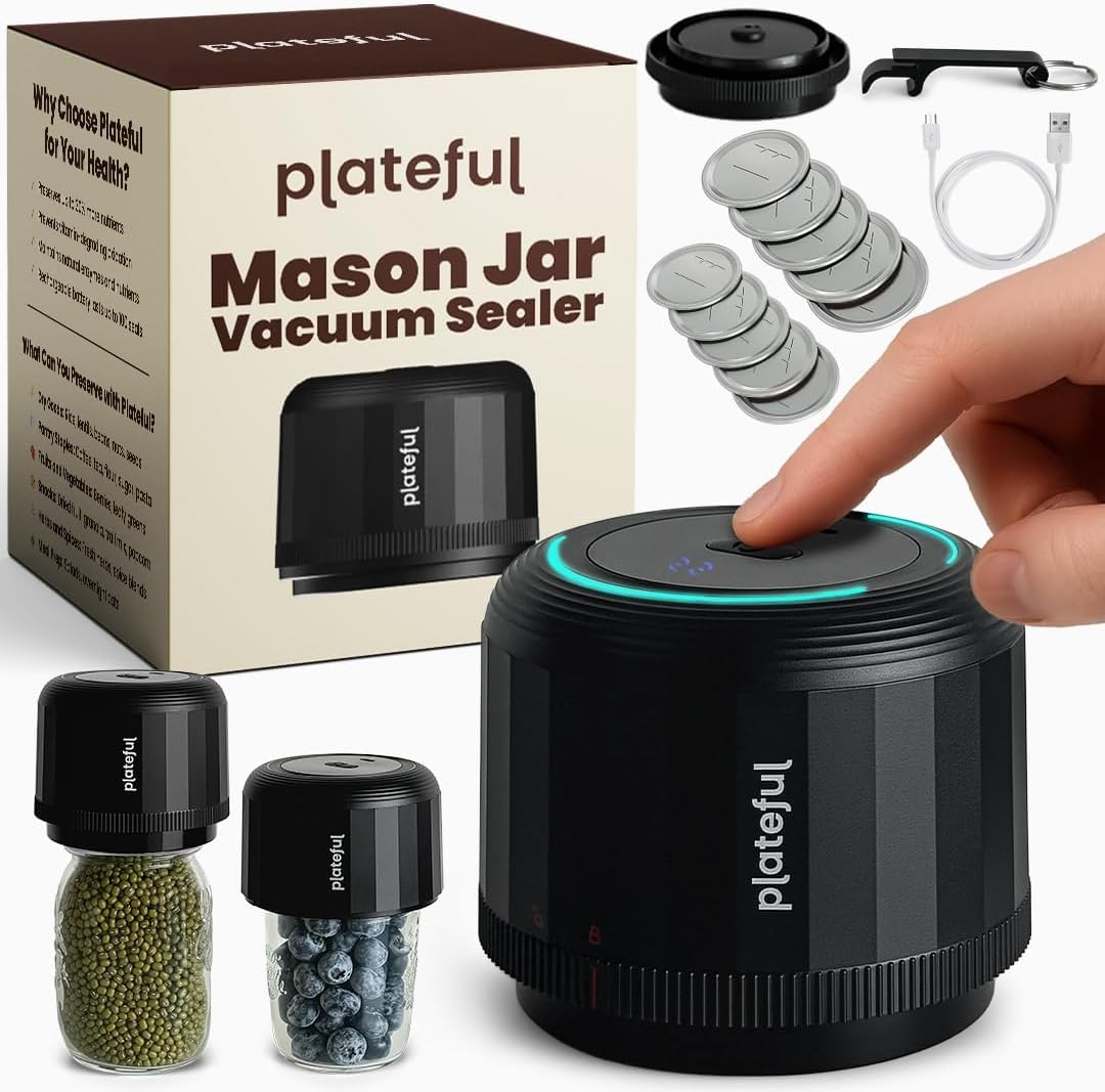 Plateful VacuFresh Electric Mason Jar Vacuum Sealer Kit (10 Lids Included) - For Wide Mouth & Regular Mouth Jars, Cordless, Portable Jar Vacuum Sealer For Food Storage With Lids, Opener, Charger