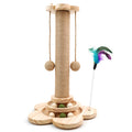 Cat Scratching Post, 4 in 1 Wooden Cat Scratcher Toy, 18.11" Tall Scratch Post with 2 Level Cat Track Balls, Interactive Feather Toy and 2 Sisal Hanging Balls for Indoor Kittens, Adult Cats