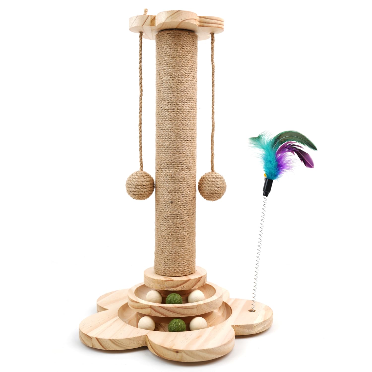 Cat Scratching Post, 4 in 1 Wooden Cat Scratcher Toy, 18.11" Tall Scratch Post with 2 Level Cat Track Balls, Interactive Feather Toy and 2 Sisal Hanging Balls for Indoor Kittens, Adult Cats