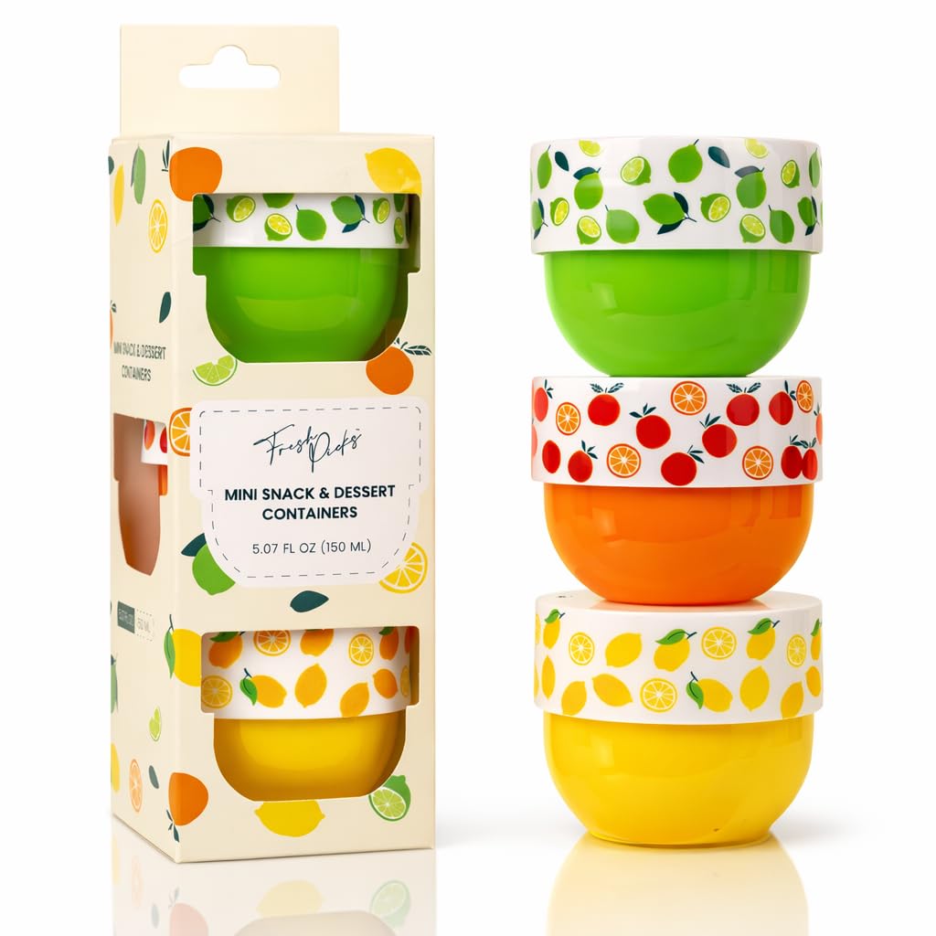 Snack Containers (4 Set) - 4.75 Oz Small Food Storage Cups with Lids - Fruit, Nuts, Sauce, Condiments & Salad Container for Lunch Box - (3 COLORS-5 Oz)