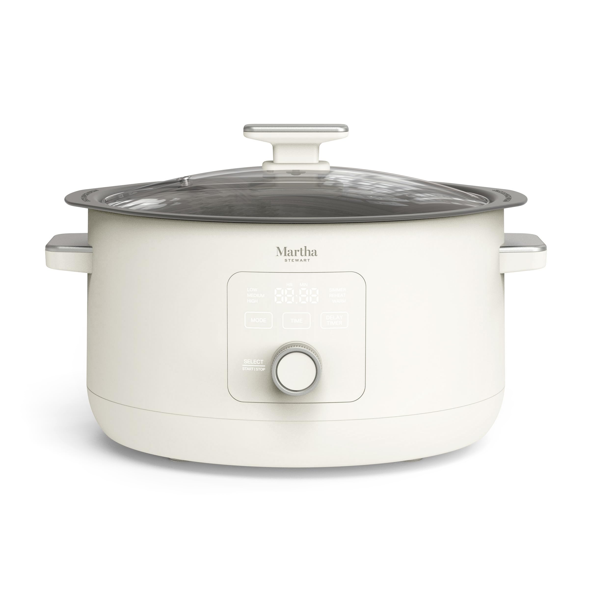 Martha Stewart 8 QT Slow Cooker, Programmable with Timer, 3 Heat Settings (Low, High, Warm), Nonstick Ceramic Removable Crock, Stovetop & Oven Safe, Glass Lid, Simmer, Reheat, Warm, Linen