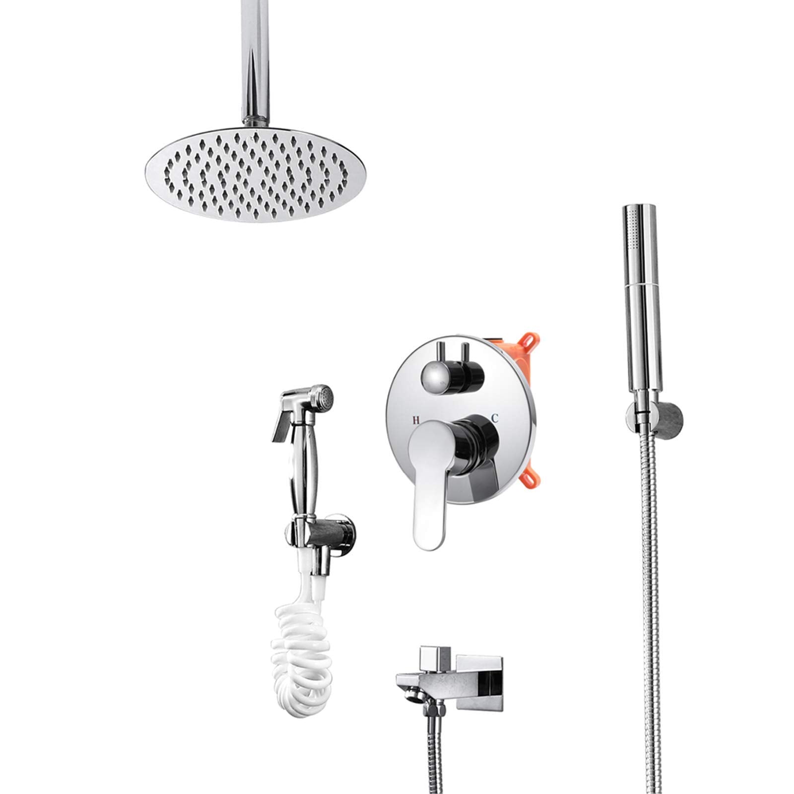 Chrome Rain Mixer Shower Combo Set Ceiling Mounted Bathroom Shower Faucet Set with Round 8 Inches Shower Head, Handheld Shower, Tub Spout, Bidet Sprayer