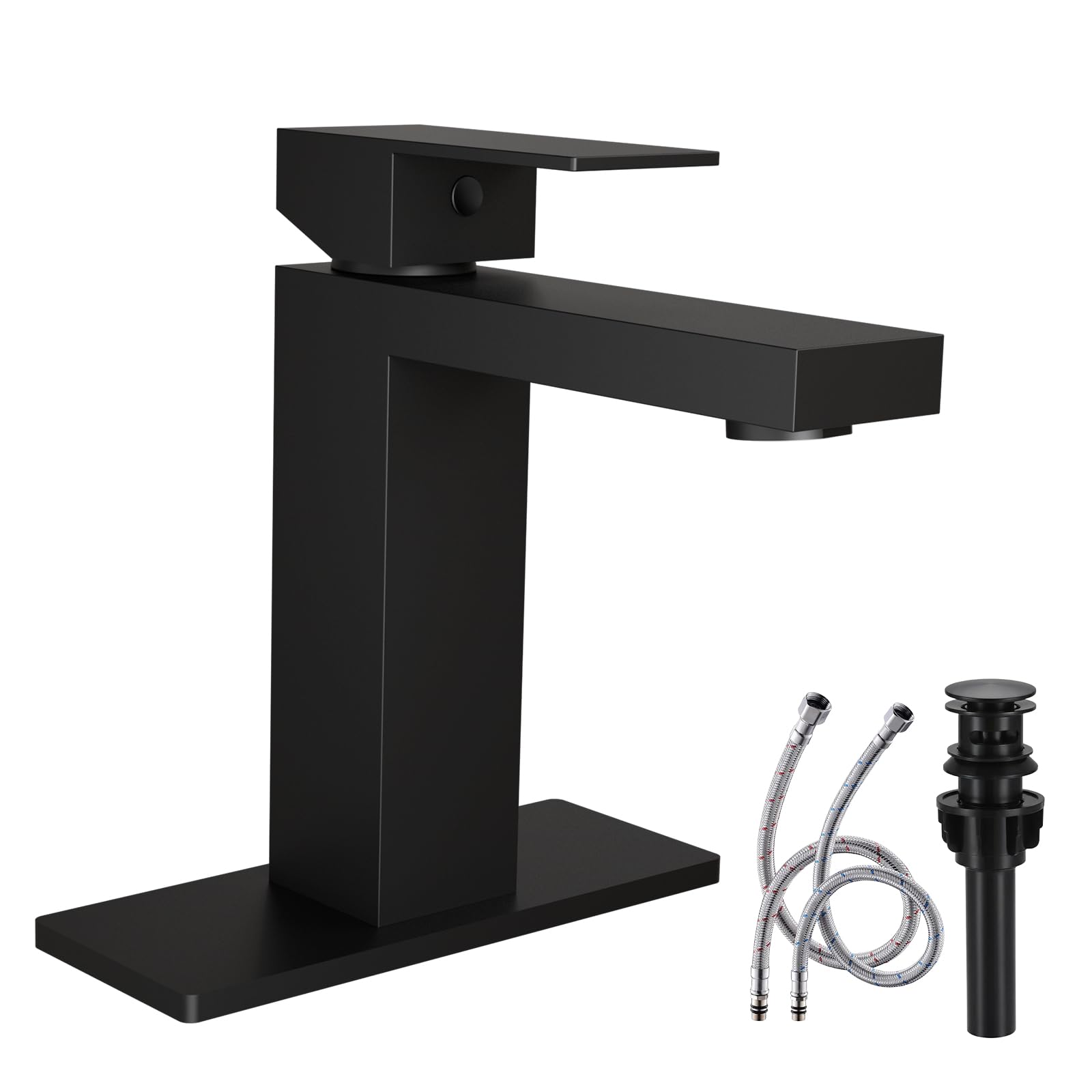 Black Bathroom Sink Faucet, SUS304 Stainless Steel Lead-Free Vanity Faucet with Deck Plate & Pop-Up Drain, Single/3 Hole Installation, for Farmhouse,Bathroom Sink,Vanity, Washbasin, RV,