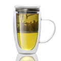 Double Wall Glass Tea Mug with Infuser and Lid, 14 oz / 400 ml Borosilicate Glass Tea Cup with 304 Stainless Steel Fine Mesh Infuser, Durable Insulated Tea Cup, Gift for Tea Lovers