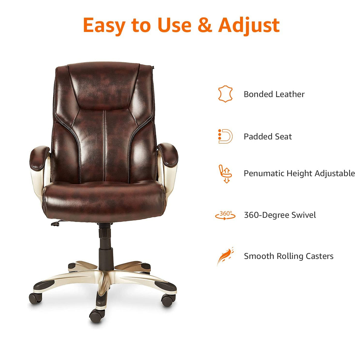 Basics Executive High Back Office Chair, Adjustable Height, Tilt, Swivel, Padded Armrests, Brown/gold, One size