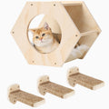 KATRIS Cat Shelves with 3 Steps Scratcher Post & Hammock, Wall Mounted Climbing Shelf for Indoor Cats (Wood)