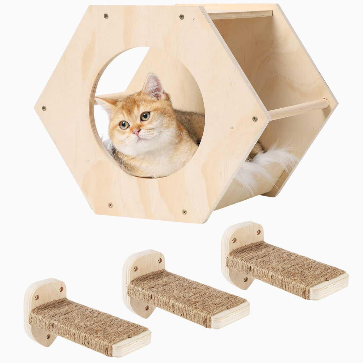 KATRIS Cat Shelves with 3 Steps Scratcher Post & Hammock, Wall Mounted Climbing Shelf for Indoor Cats (Wood)