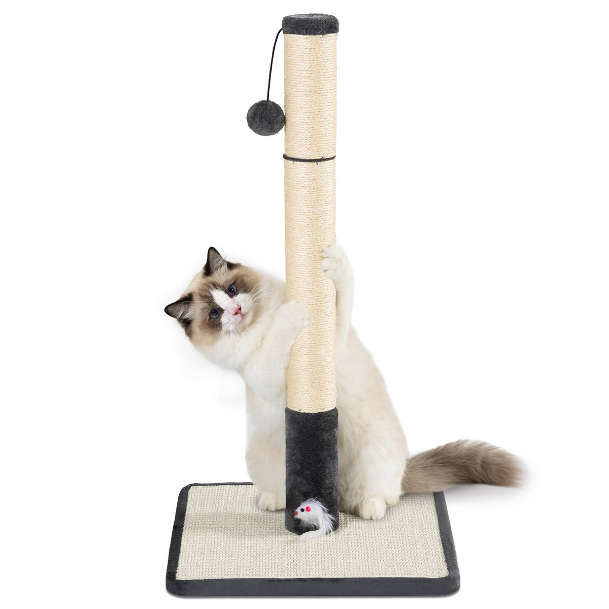 30 in Tall Cat Scratching Post,Thick Natural Sisal Scratcher with 15.8" Large Sisal Base, Interactive Hanging Pom-pom Ball & Plush Mouse Toy, Stable Cat Furniture of Indoor Cats