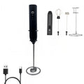 Mini Milk Frother Handheld with Stand, Rechargeable Electric Whisk with 3 Speeds & 2 Whisks, Portable USB Coffee Frother for Latte Cappuccino Matcha, Black