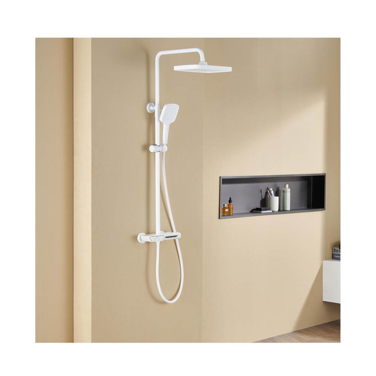 Thermostatic Shower System, White Bathroom Shower Faucet Set Complete 3 Functions Shower Fixtures Wall Mounted Shower Kit with Valve and Rain Shower Head, Handheld Shower Head