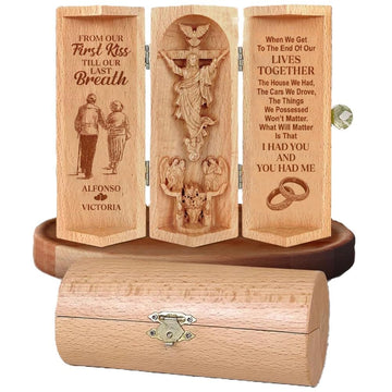 From Our First Kiss Till Our Last Breath - Couple Personalized Openable Wooden Cylinder Sculpture of Jesus Christ, I Had You and You Had Me Prayer Sculpture, Christian Appreciate Gift for Husband Wife