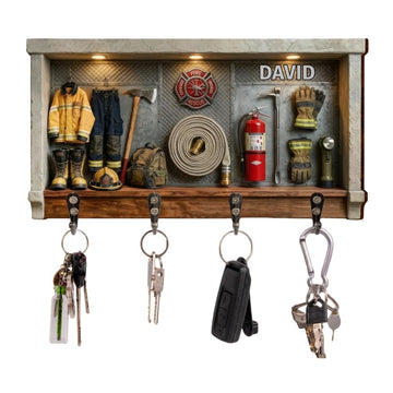 Celebrate Your Personal Hero Firefighter Gear Badge And Extinguisher Personalized 2D Flat Vintage Wooden Key Holder,Firefighter Department Key Holder with Name,Fathers Day Fireman Gift for Dad Husband