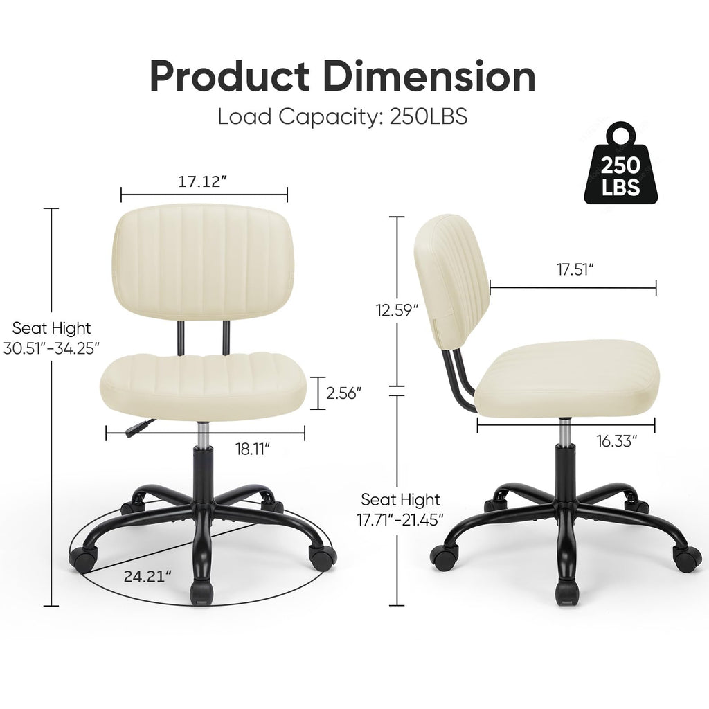 Dumos Armless Office Chair, Small Home Desk Chair, Lumbar Support, Compact, Beige