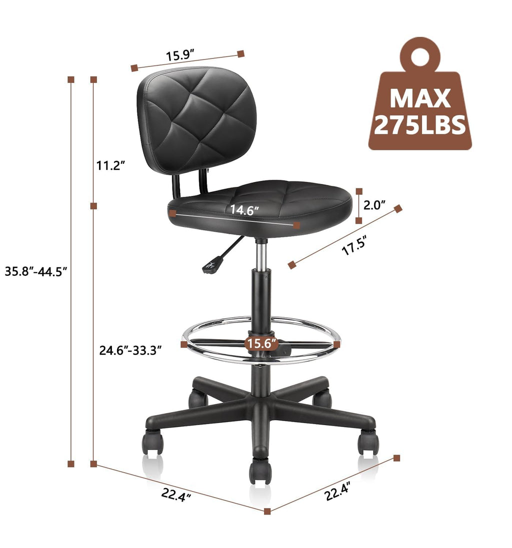 Klasika Pu Leather Rolling Bar Stool with Wheels and Back, Tall Drafting Stool with Adjustable Height and Footrest, Multi-purpose Office Desk