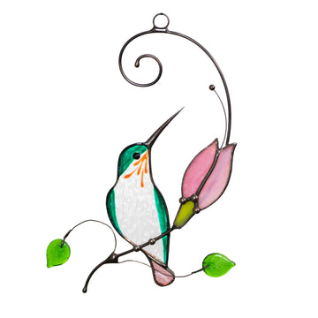 Hummingbird with Pink Flower Handmade Stained Glass Suncatcher Window Decor