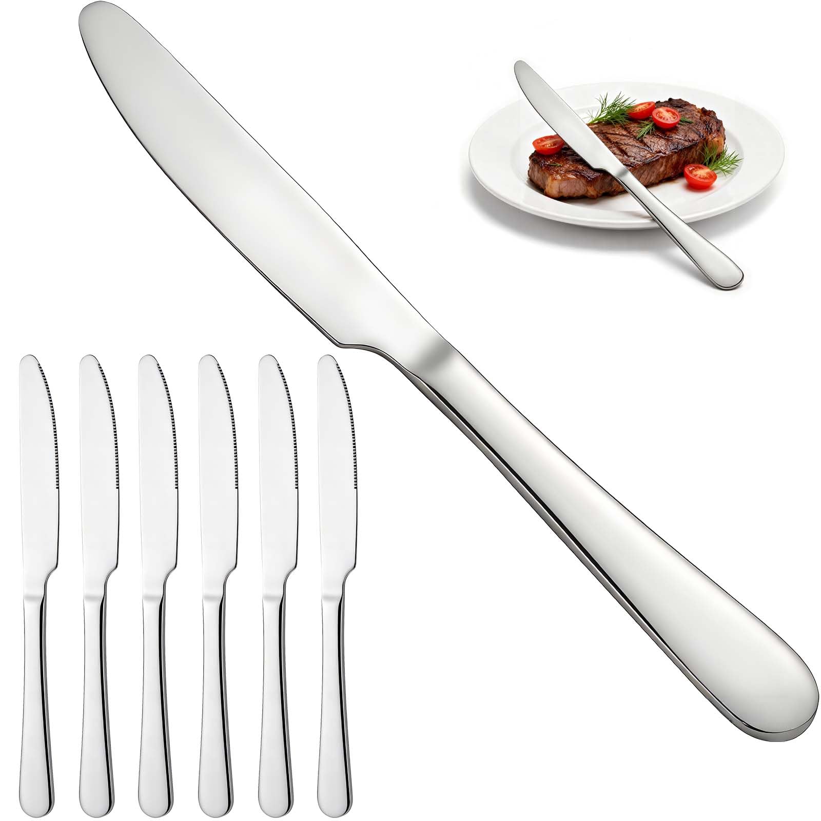 6 Piece Stainless Steel Dinner Knives Set, 9 Inch | Mirror Polished Blade, Serrated Edge, Dishwasher Safe, Ideal for Home, Restaurant, Gifting