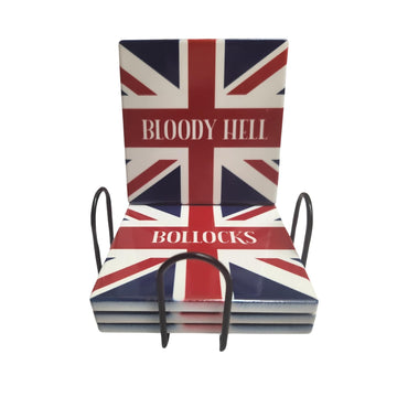 Funny British Words Square Ceramic Coasters, Set of 4 and Stand, British Words Coaster, Gloss Finish, Cork Backed