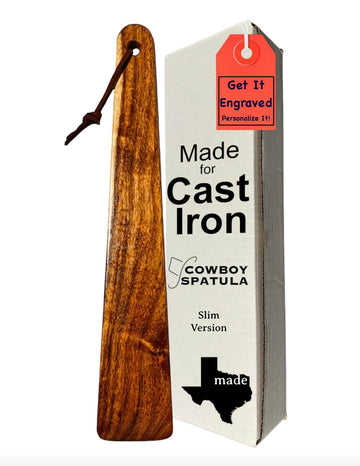 COWBOY SPATULA Mesquite Wood Spatula - Perfect for cast iron skillets, steel and nonstick cookware, Scraper, roux spoon, TEXAS SLIM, Handmade in Texas, Made in USA Personalize It!