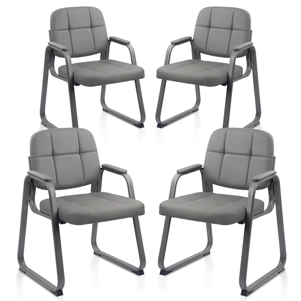 Clatina Leather Guest Chairs Set of 4, Office Reception with Padded Arms, Desk Chair with Sled Base for Office Conference Waiting Room, Grey