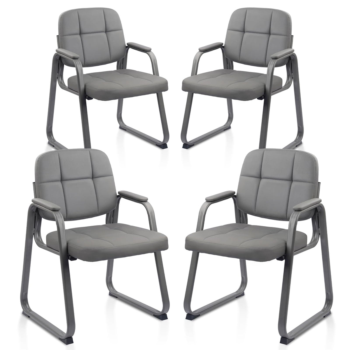 Clatina Leather Guest Chairs Set of 4, Office Reception with Padded Arms, Desk Chair with Sled Base for Office Conference Waiting Room, Grey