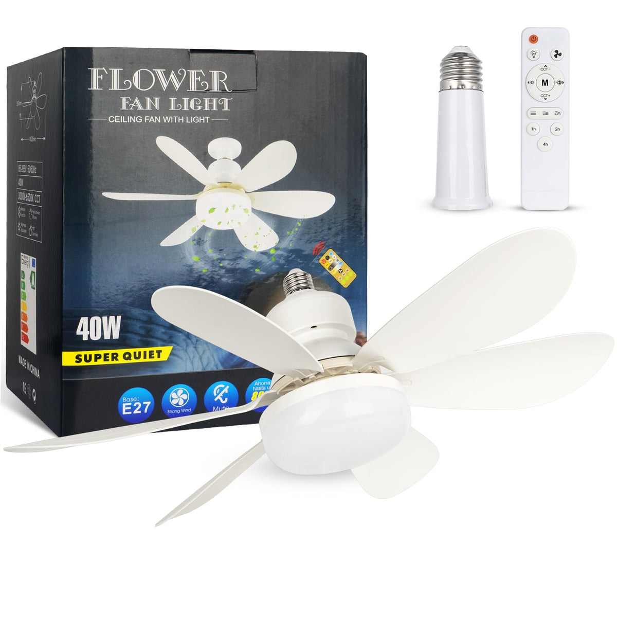 Socket Fan Light, 20.5IN Light Bulb Fan with Remote Dimmable, Screw in Fan and Light Combo for Garage Kitchen Bedroom Balcony Living Tools Store Laundry Room