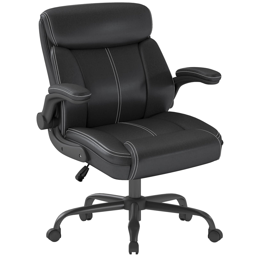 Keratee Executive Leather Office Chair, Ergonomic Home Office Desk Chair with Flip-up Armrests, Adjustable Height, Mid-back with Rocking