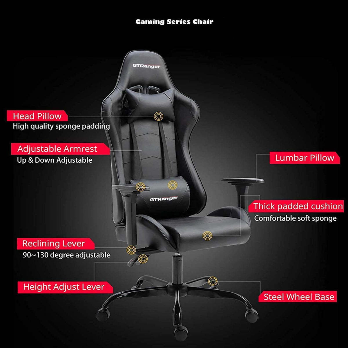 Gtpoffice Gaming Chair, Big and Tall Computer Game Chair with Headrest & Lumbar Support Ergonomic Office Chair for Home Office Earth Black