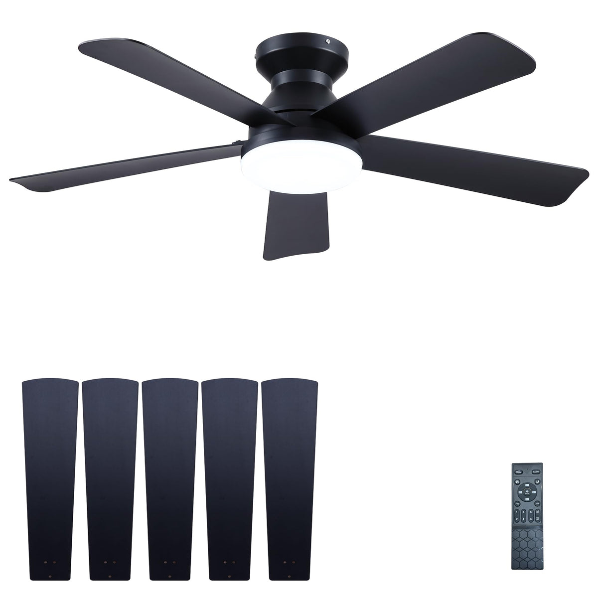 42 Inch Ceiling Fans with Lights and Remote Control, Indoor/Outdoor Flush Mount Low Profile Commercial Reversible Dimmable Ceiling Fans for Living Room Patio Industrial Shop, Black