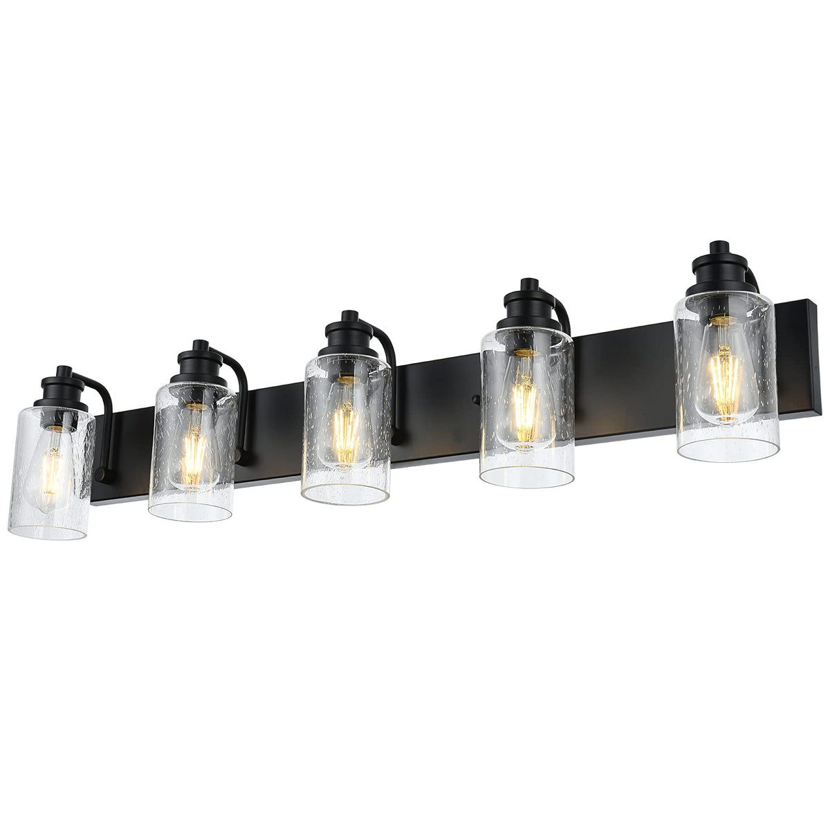 5-Light Bathroom Light Fixtures, 37" Black Bathroom Vanity Light with Seedy Glass Shades, Farmhouse Wall Sconces Lighting for Mirror, Hallway, Bedroom, Living Room