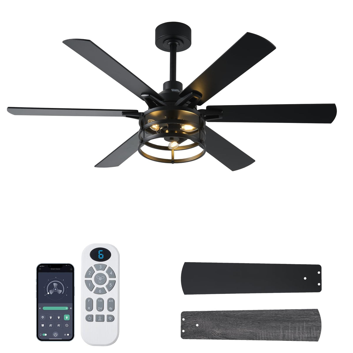 NKPU 52 Inch Farmhouse Ceiling Fan with Light and Remote, Black Industrial Caged Rustic Ceiling Fan with 6 Speed Reversible Motor and Dual Finish 6 Blades, Rustic Ceiling Fan for Living